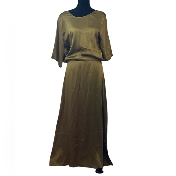 COS olive green 100% silk Deep V back Drape front short sleeves maxi dress Sz 12 - Picture 7 of 11
